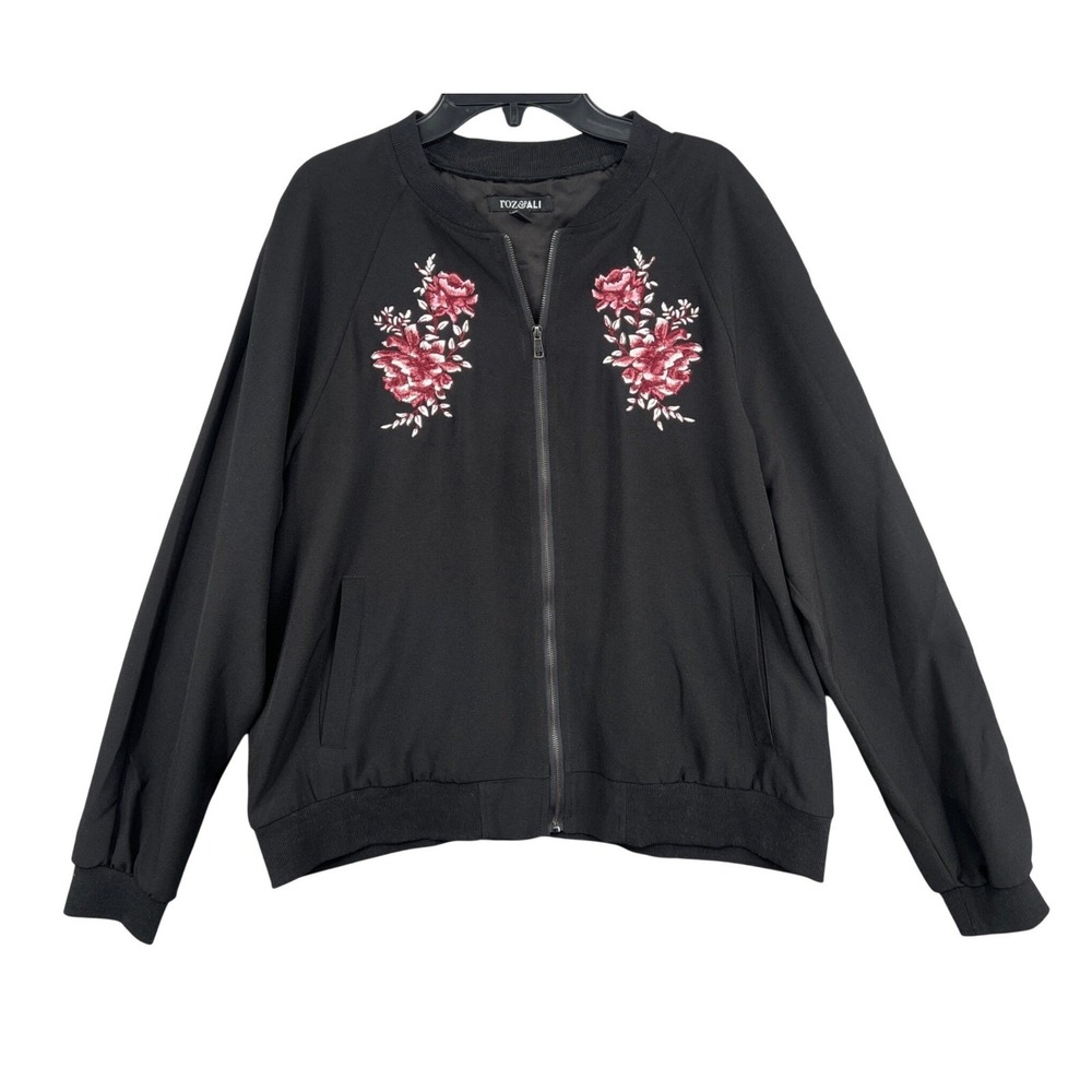 Roz &‎ Ali Bomber Jacket Womens XL Black Floral Embroidered Full Zip Goth Femme